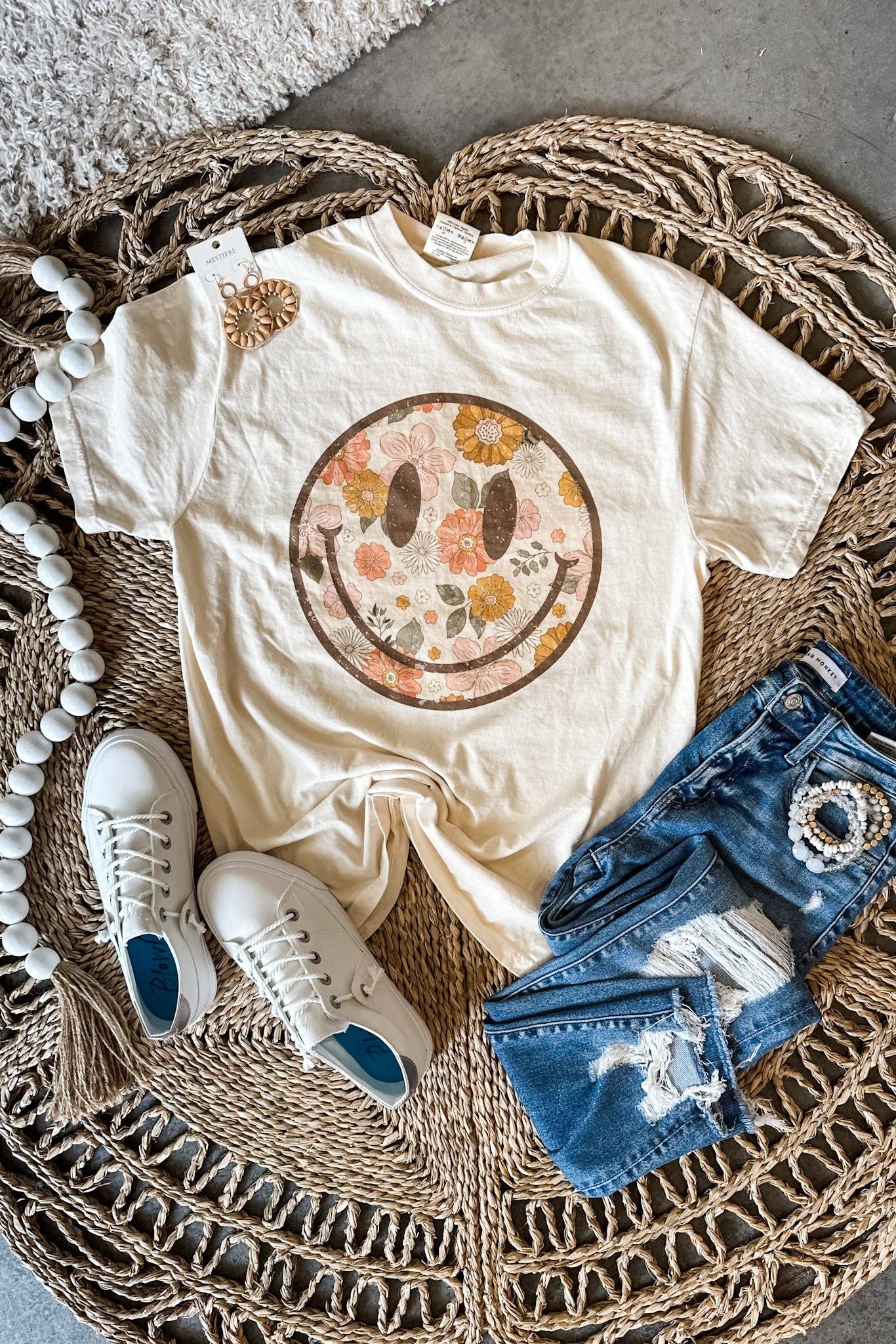 Vintage Flowers Happy Face Graphic Tee