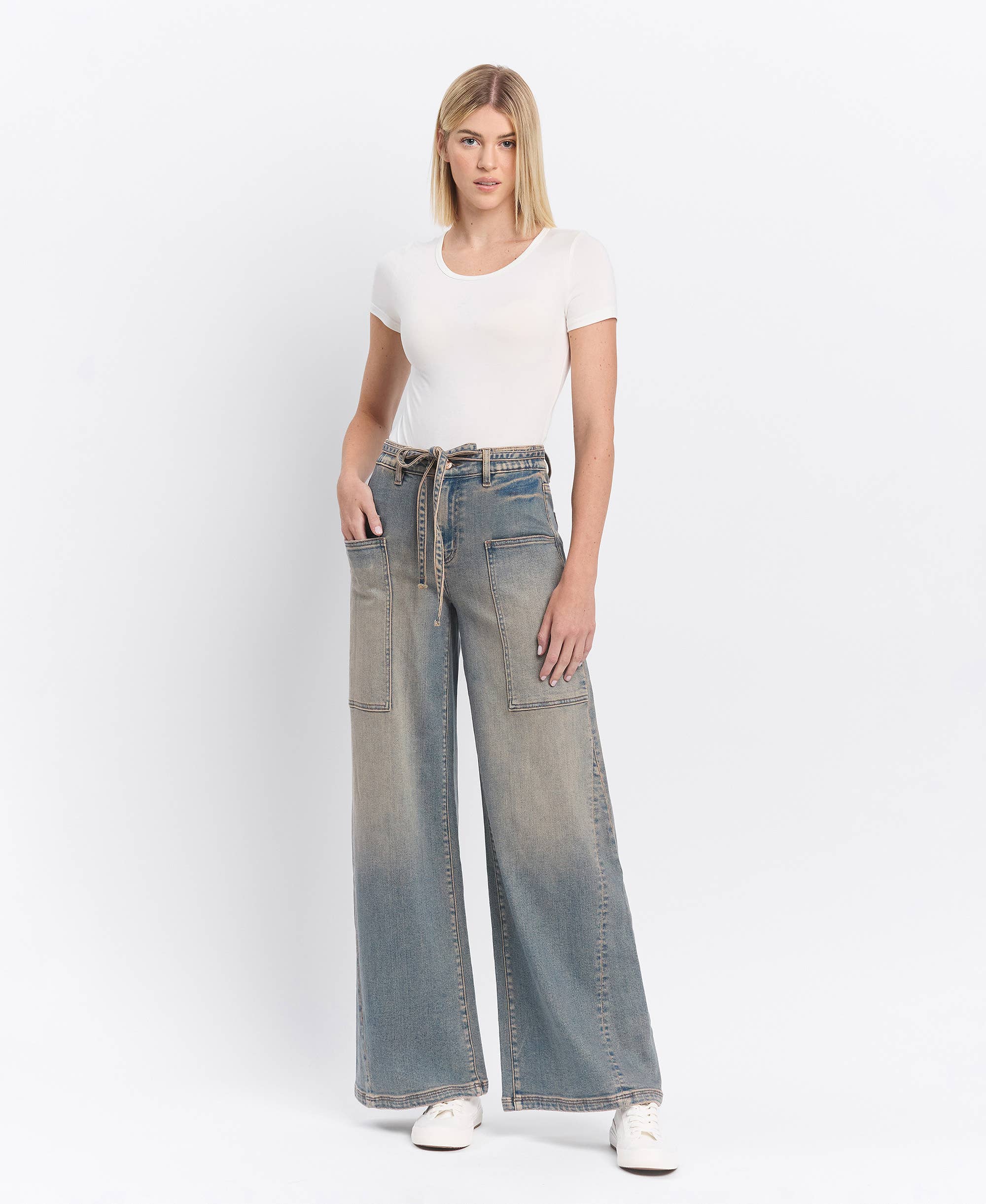 HIGH RISE ELASTIC TIE WAISTBAND BAGGY WIDE JEANS