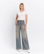 HIGH RISE ELASTIC TIE WAISTBAND BAGGY WIDE JEANS