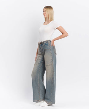 HIGH RISE ELASTIC TIE WAISTBAND BAGGY WIDE JEANS