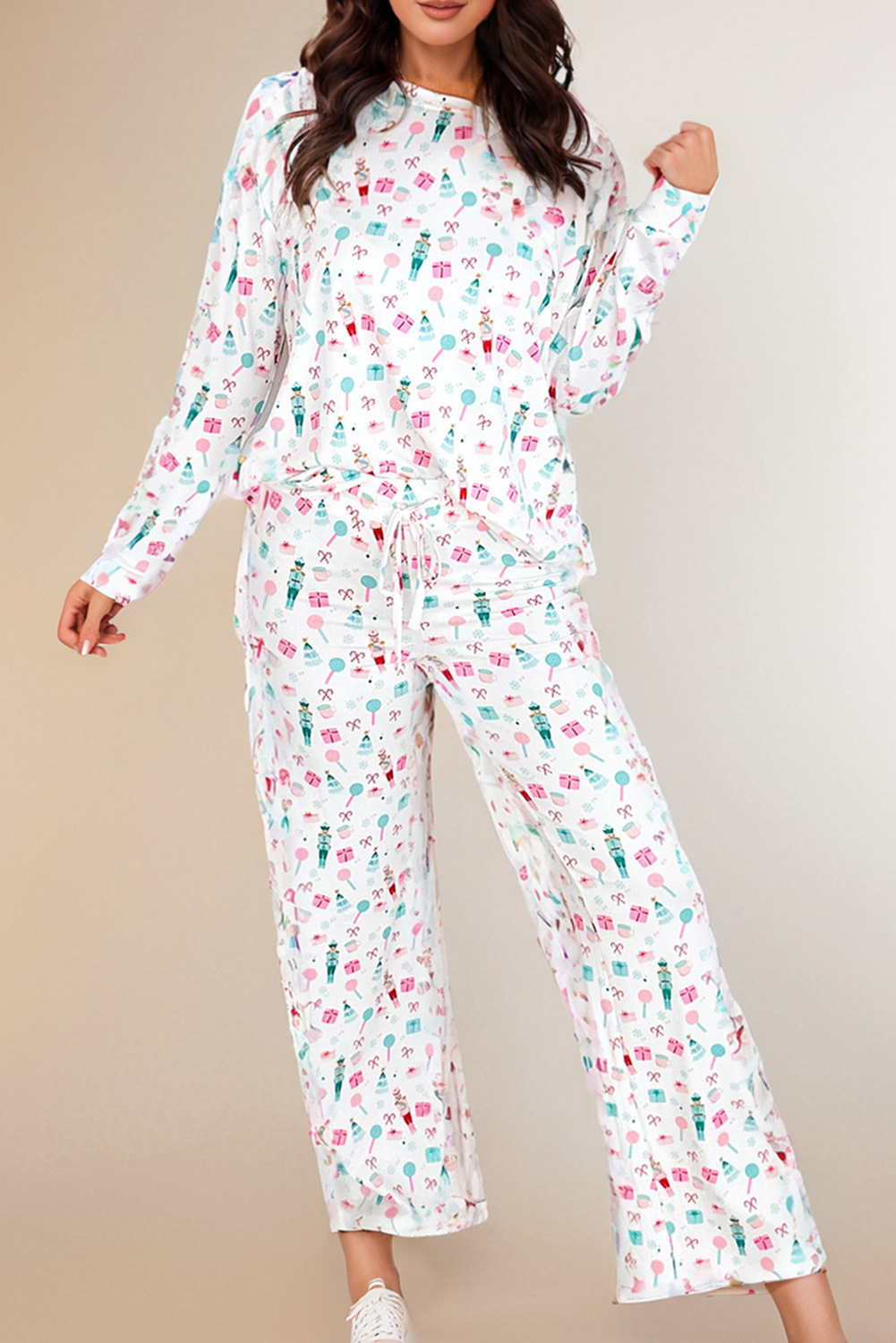 Christmas Pattern Long Sleeve Top and Wide Leg Pants Set