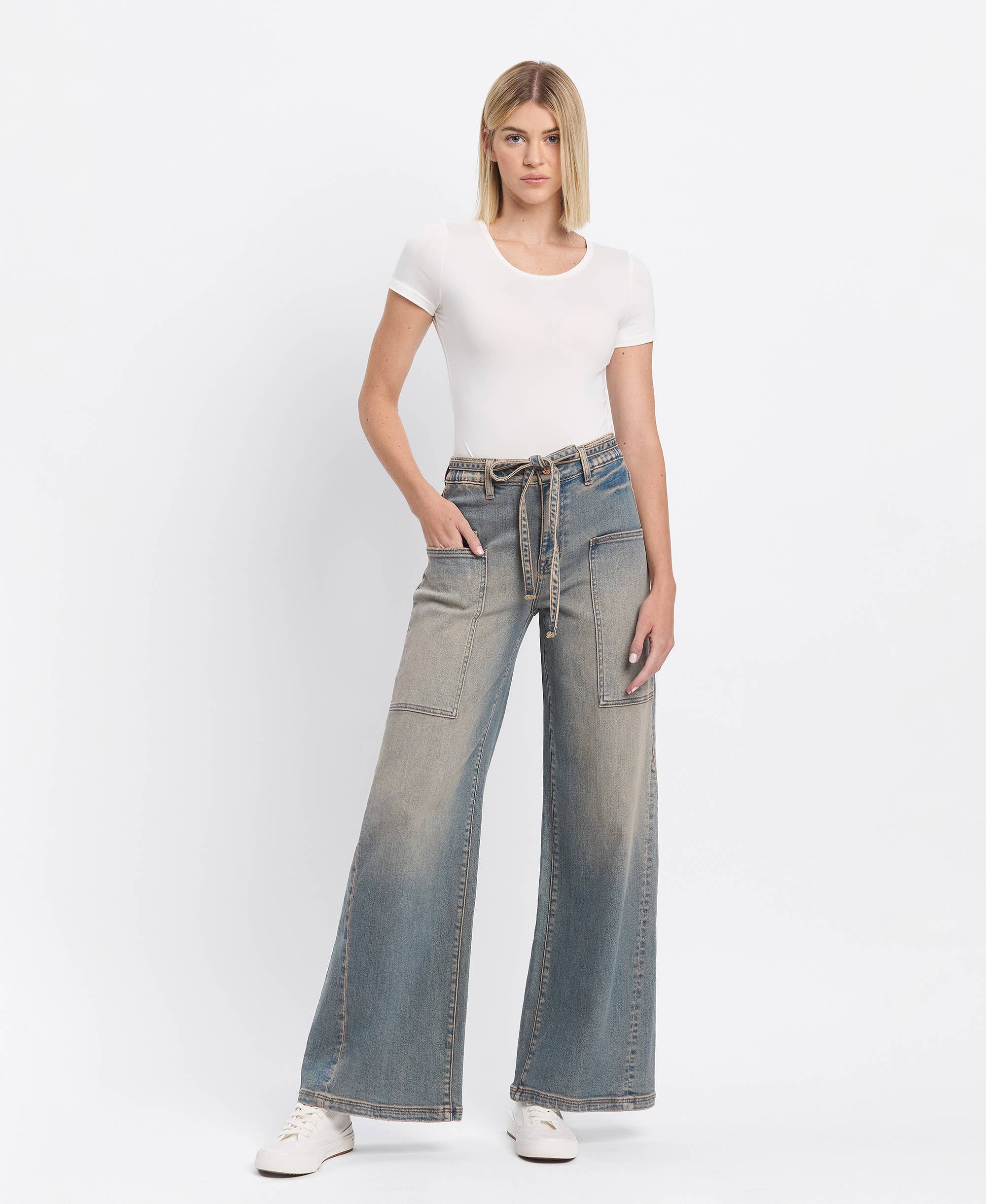 HIGH RISE ELASTIC TIE WAISTBAND BAGGY WIDE JEANS