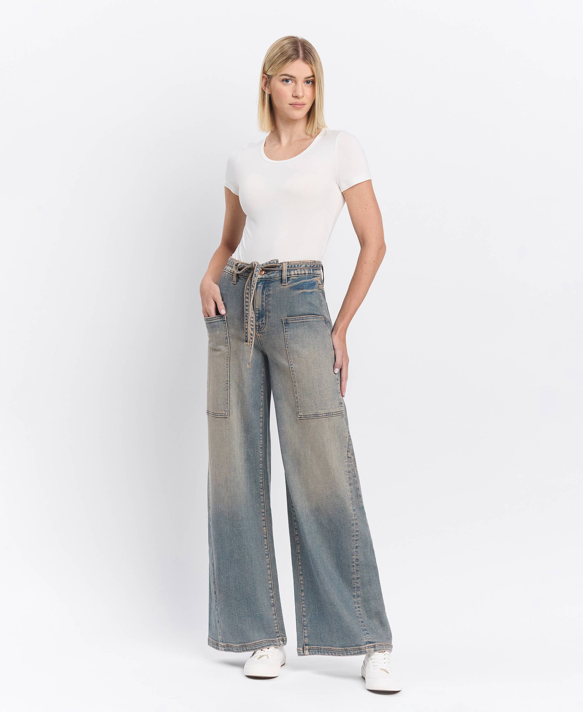 HIGH RISE ELASTIC TIE WAISTBAND BAGGY WIDE JEANS