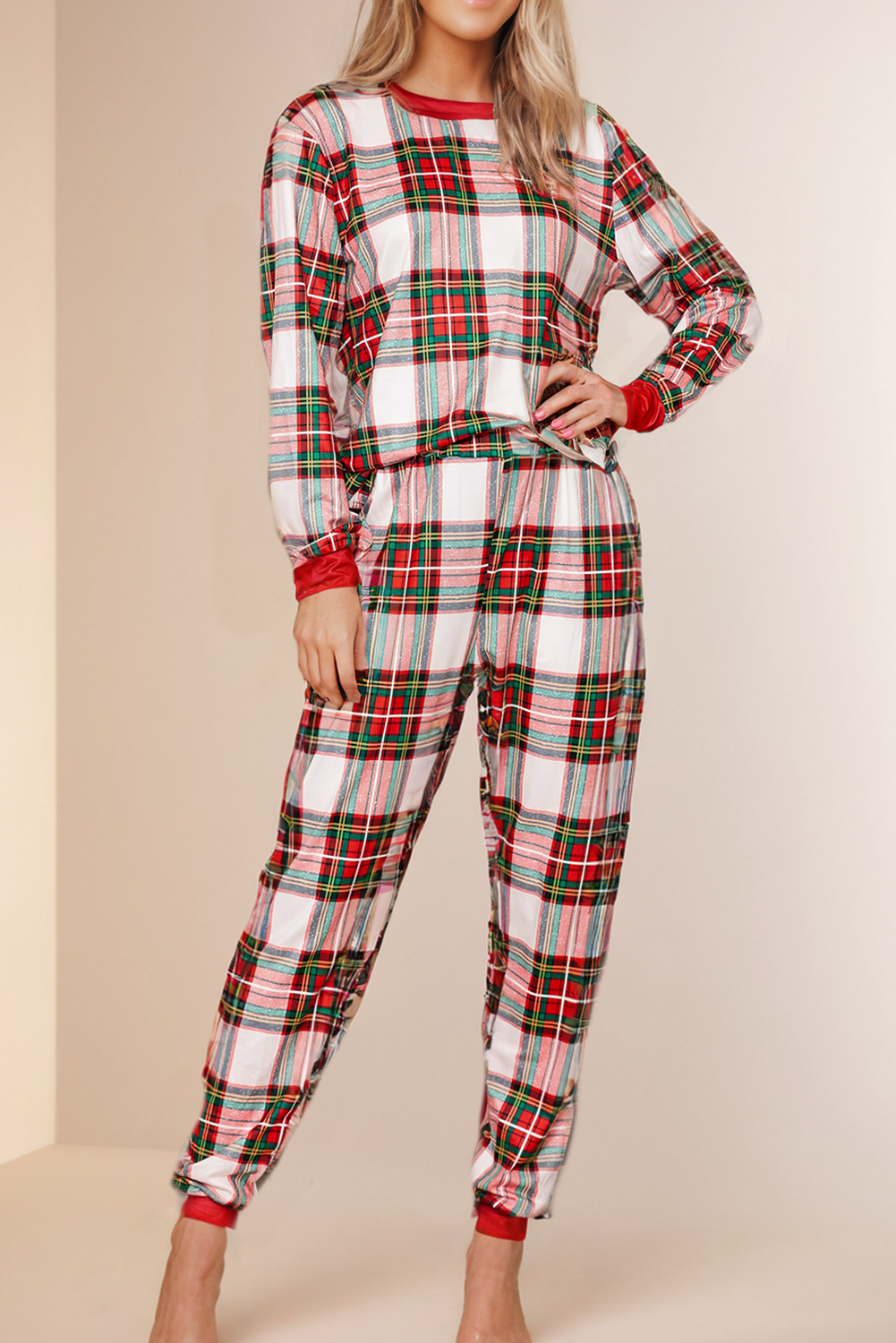 Christmas Plaid Print Long Sleeve Top and Pants Lounge Set