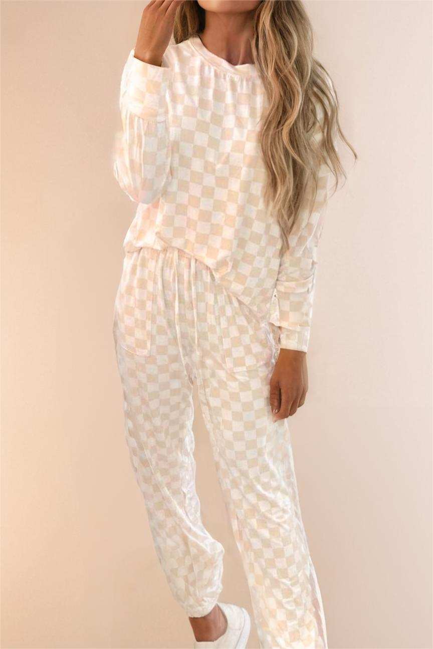 Checkered Print Long Sleeve Top and Pants Lounge Set