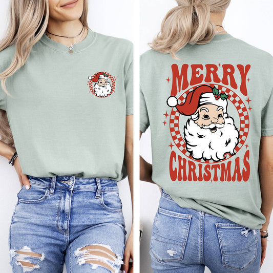 Retro Santa Checkered, Front and Back Merry Christmas Tshirt