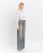 HIGH RISE ELASTIC TIE WAISTBAND BAGGY WIDE JEANS