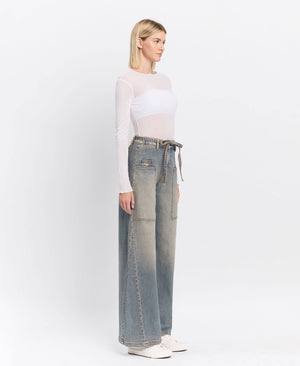 HIGH RISE ELASTIC TIE WAISTBAND BAGGY WIDE JEANS